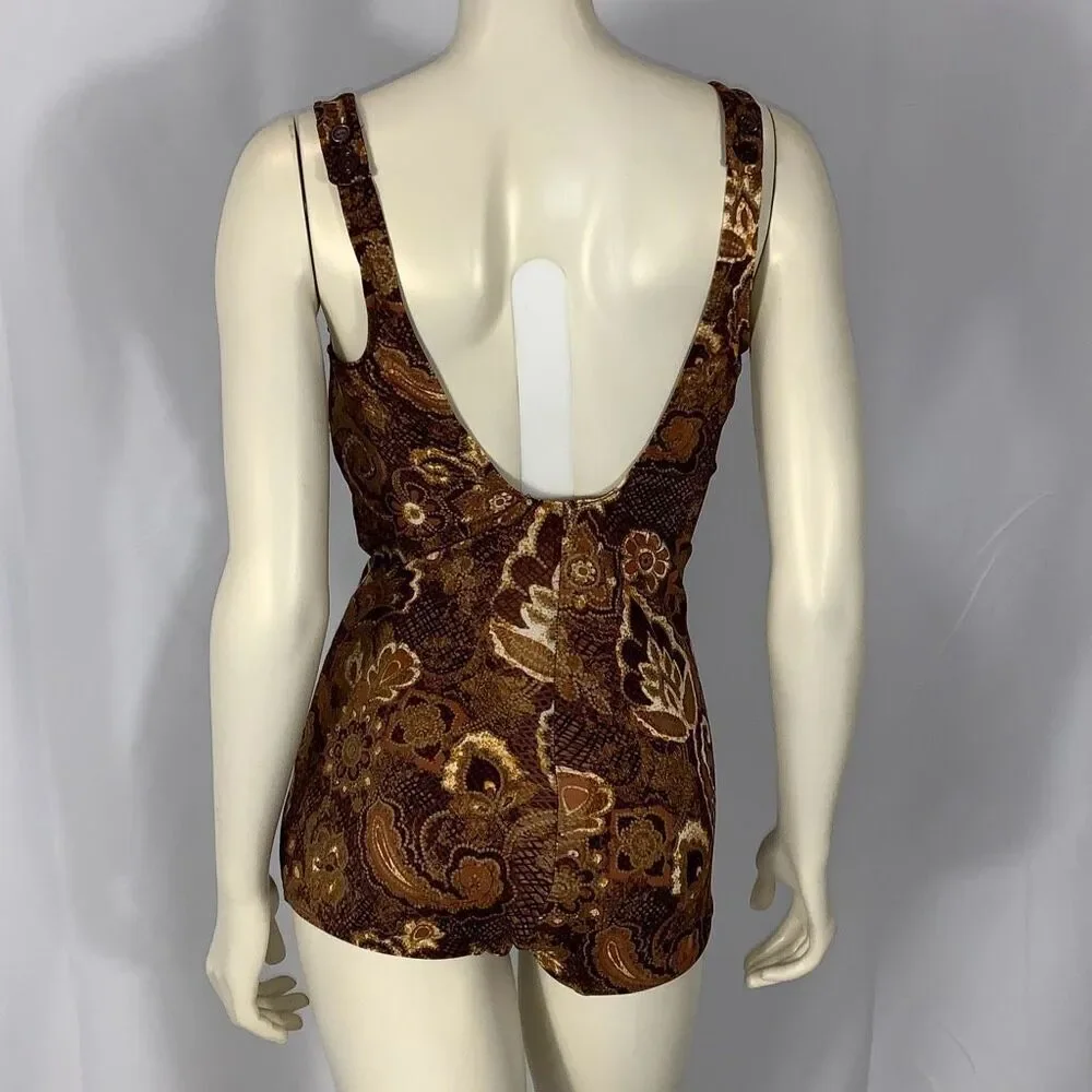 Vintage Maxine Women's Paisley Sleeveless Print‎ Swimsuit Brown Gold Size 14